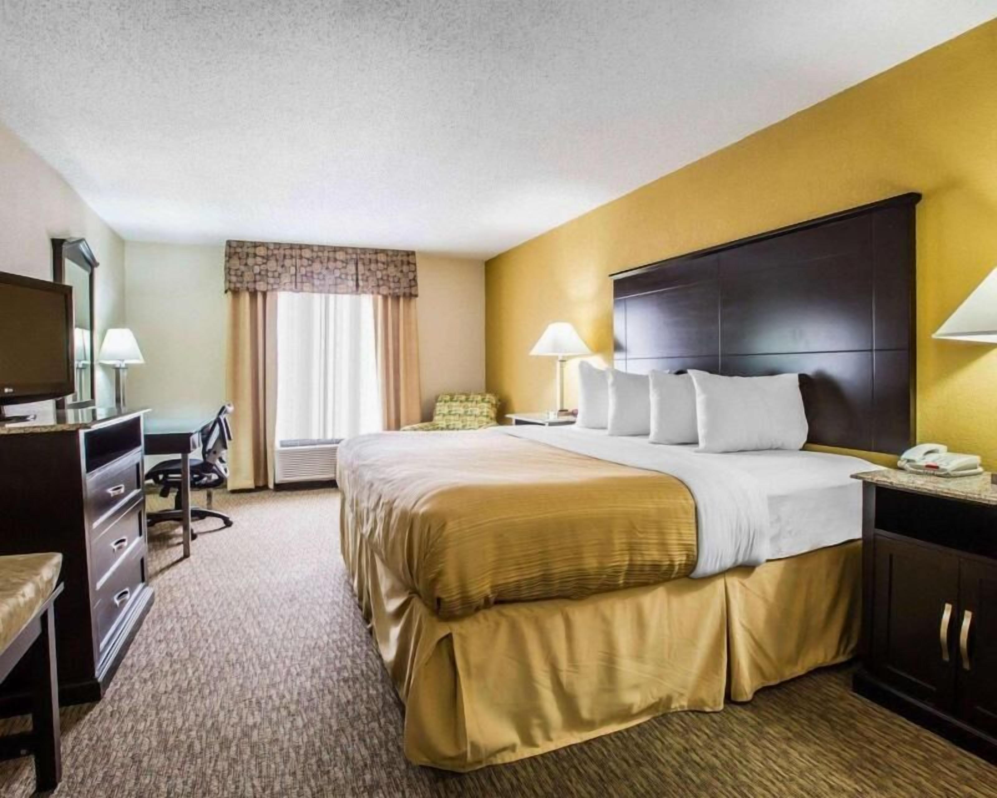 A hotel room with a bed, a desk, a chair, a television, a lamp, and a telephone.