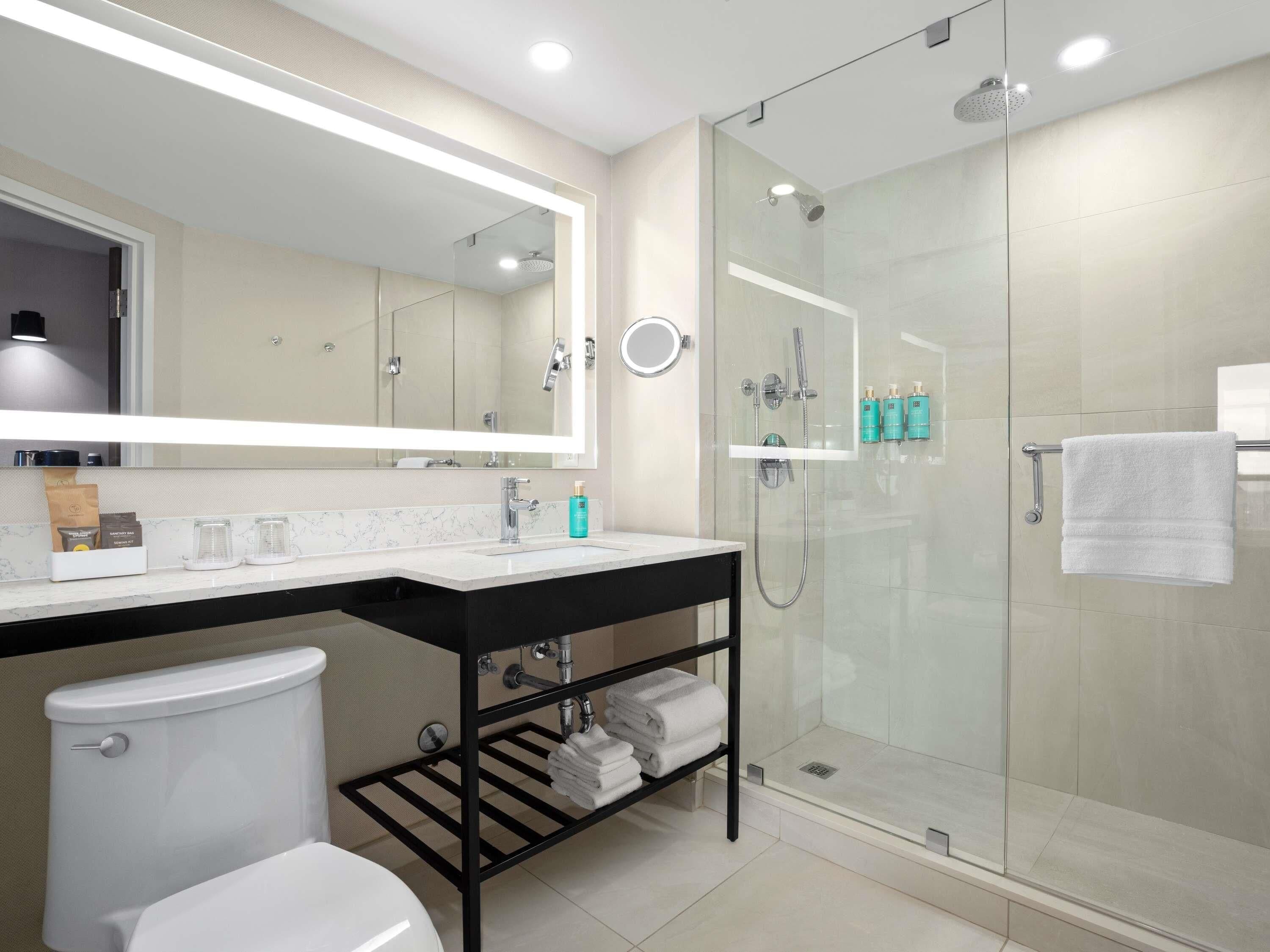 A modern bathroom with a glass-enclosed shower, a large mirror, a white toilet, and a black towel rack.