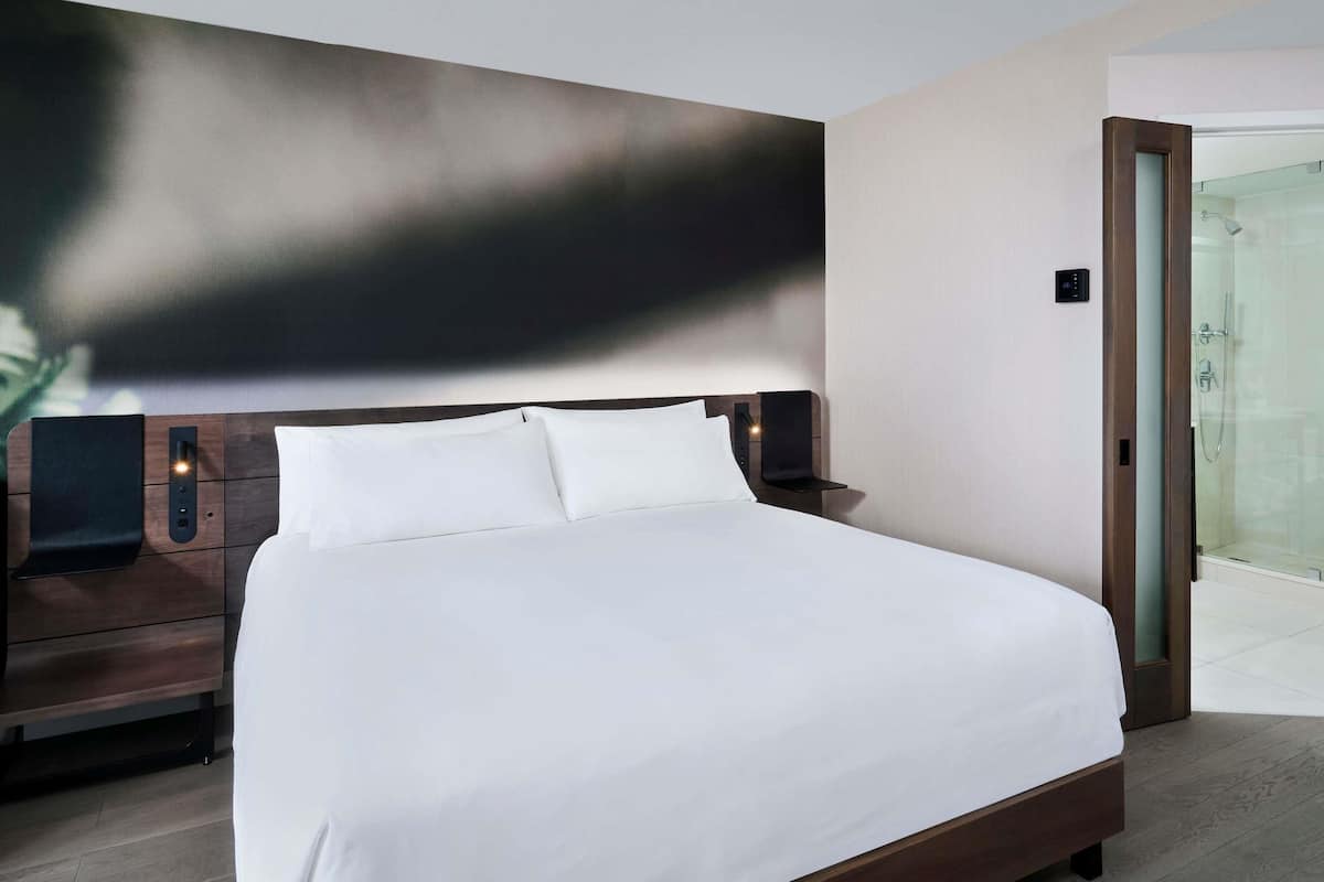 A modern hotel room with a large bed, a bedside table, a wall-mounted control panel, and a glass shower enclosure.
