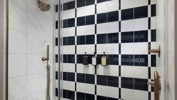 Combined shower/bathtub, free toiletries, hair dryer, towels