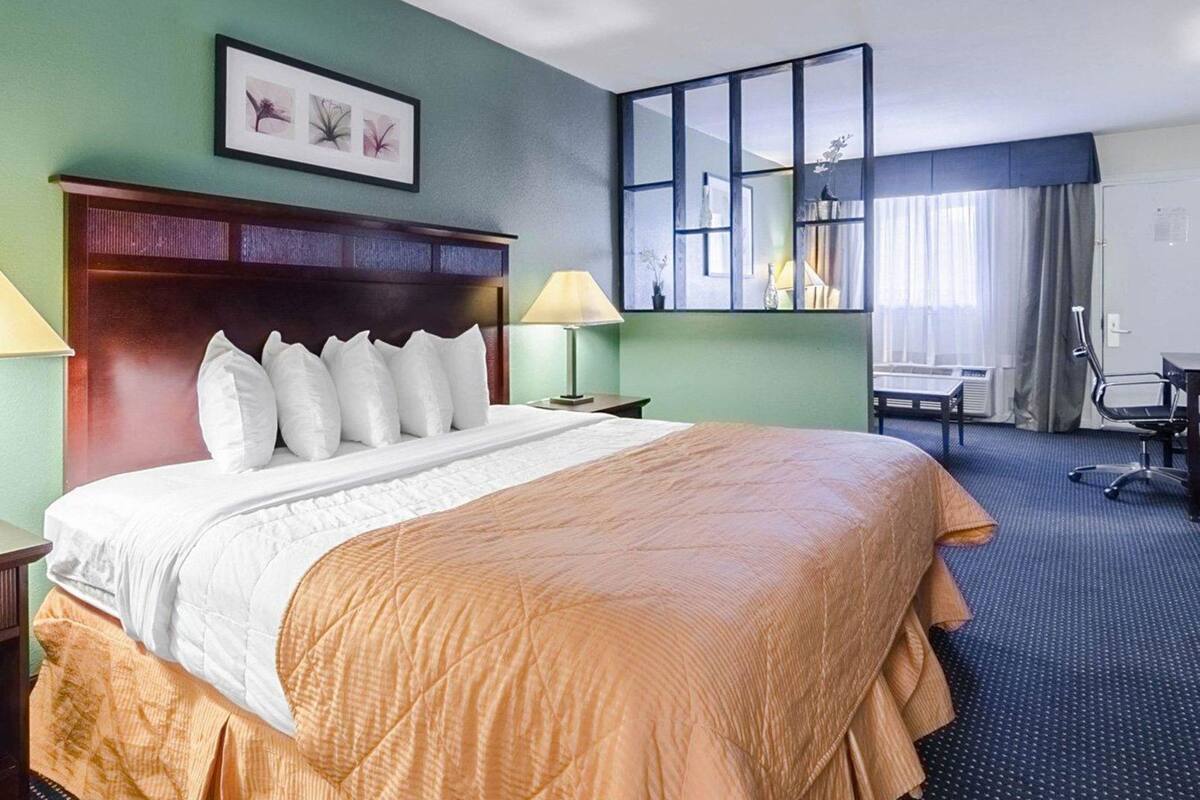 A hotel room with a large bed, a desk, a chair, a window with curtains, and a framed picture on the wall.