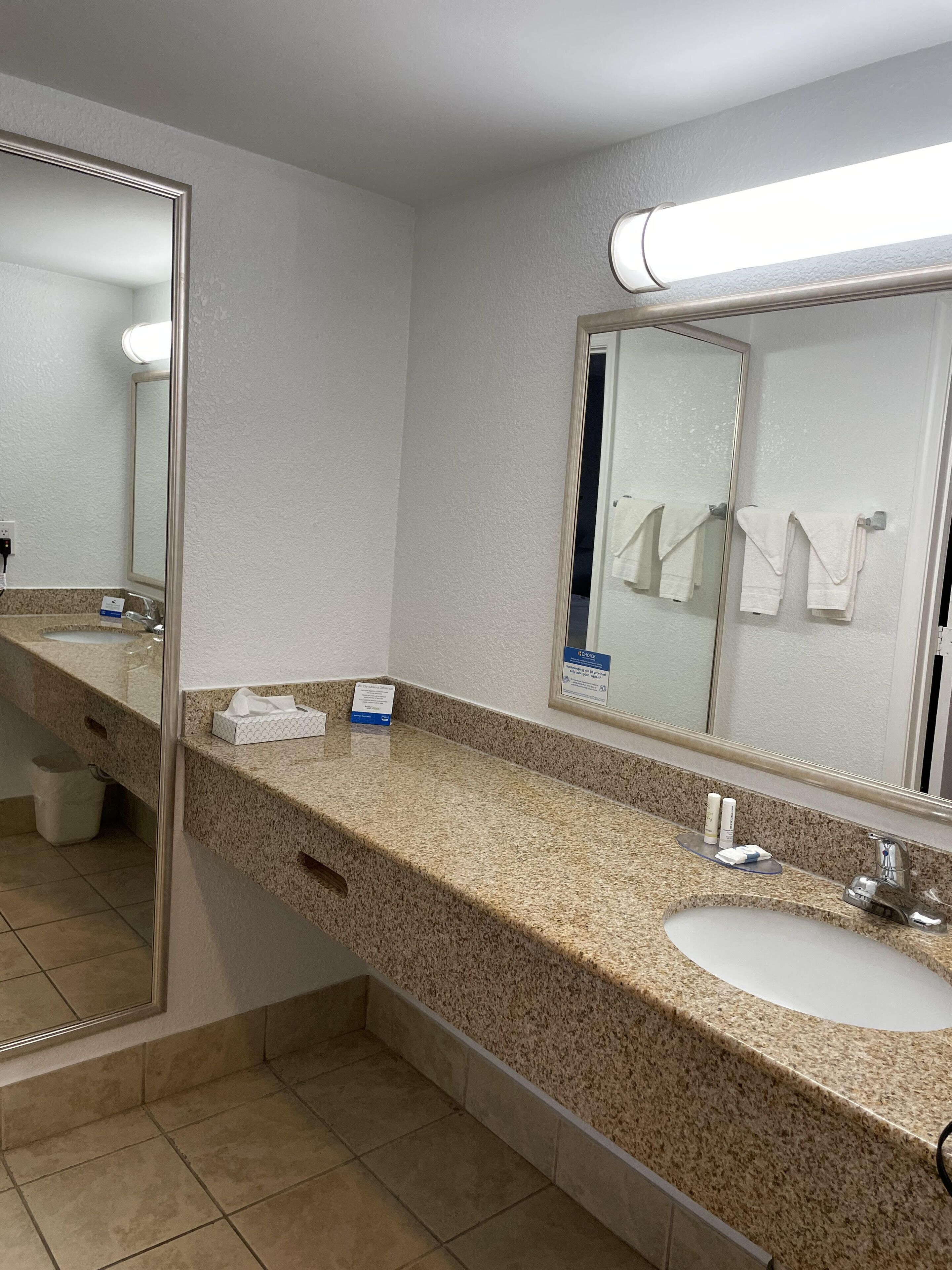 A bathroom with two sinks, a large mirror, and a towel rack.