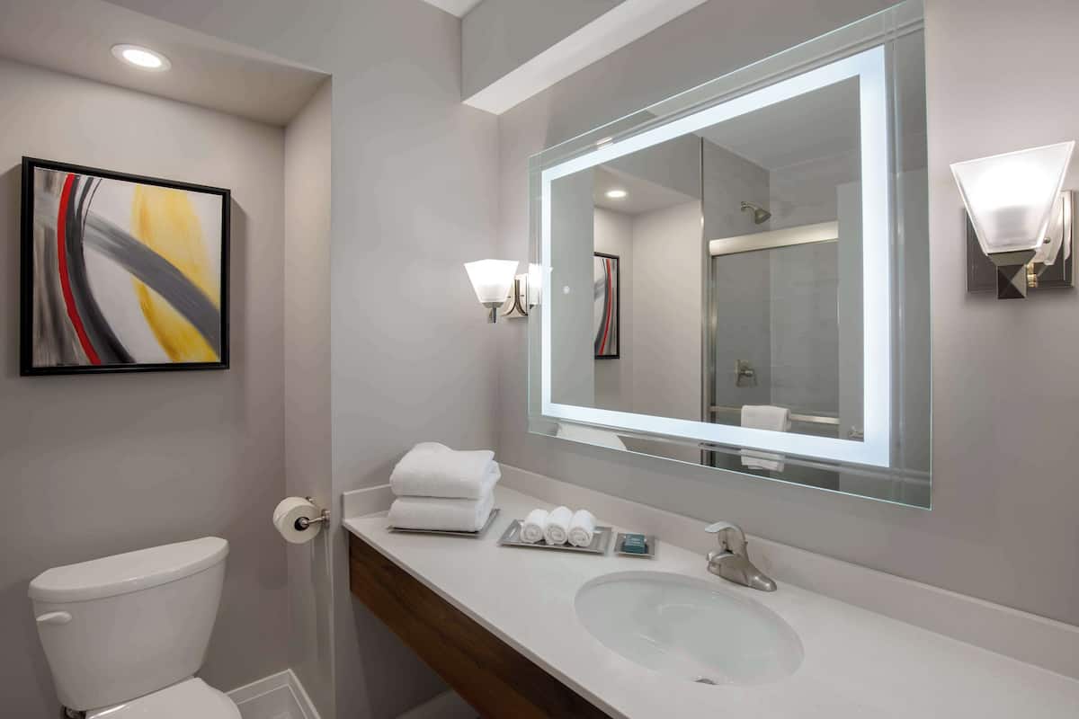 combined shower/bathtub, eco-friendly toiletries, hair dryer, towels