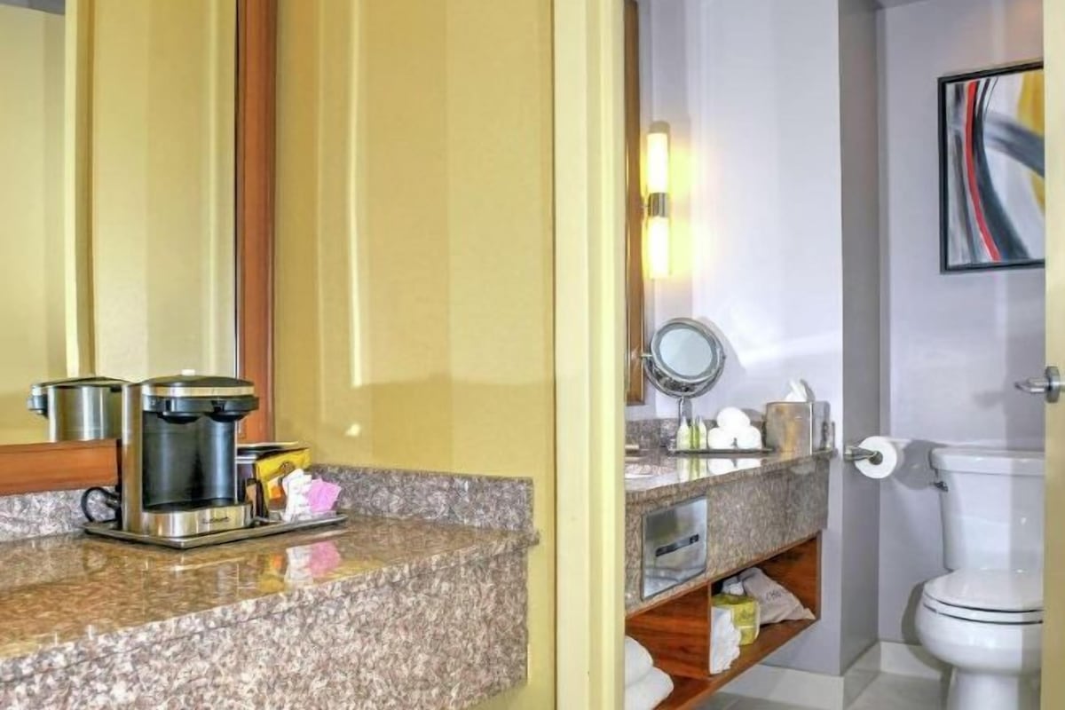 A bathroom with a toilet, a sink with a mirror, and a coffee maker on the counter.