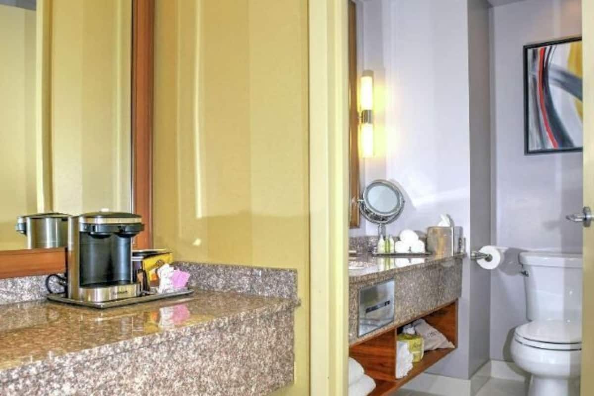 Combined shower/bathtub, eco-friendly toiletries, hair dryer, towels