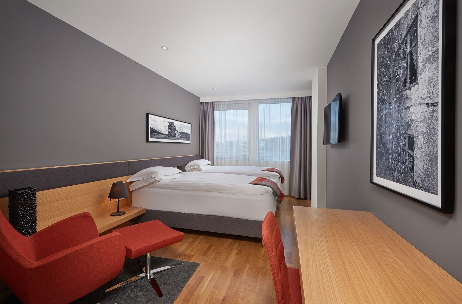 Premium bedding, desk, blackout curtains, soundproofing