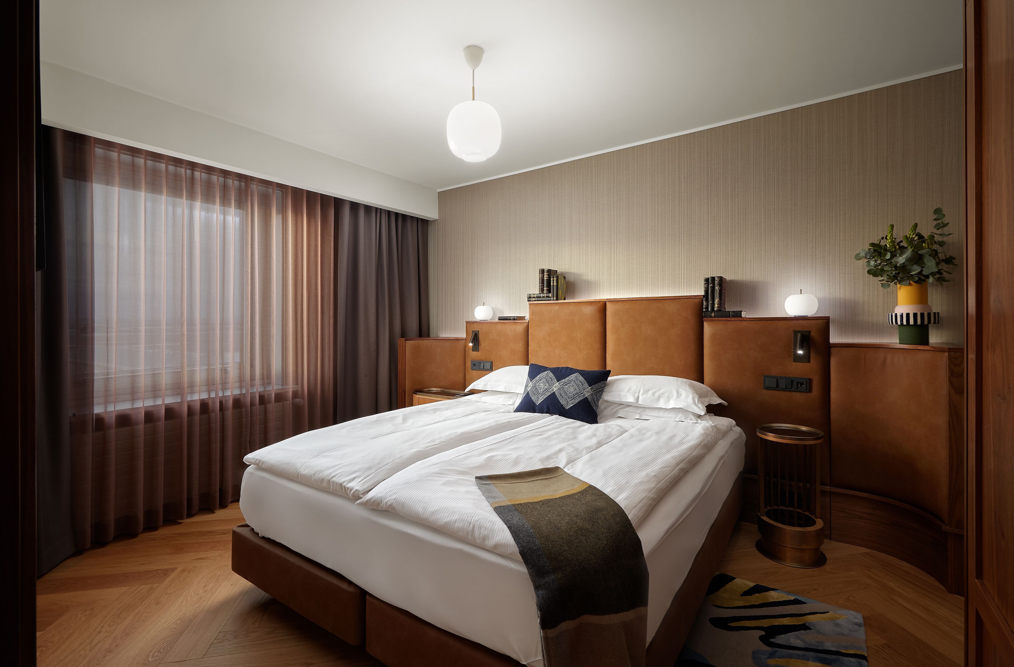 Premium bedding, desk, blackout curtains, soundproofing