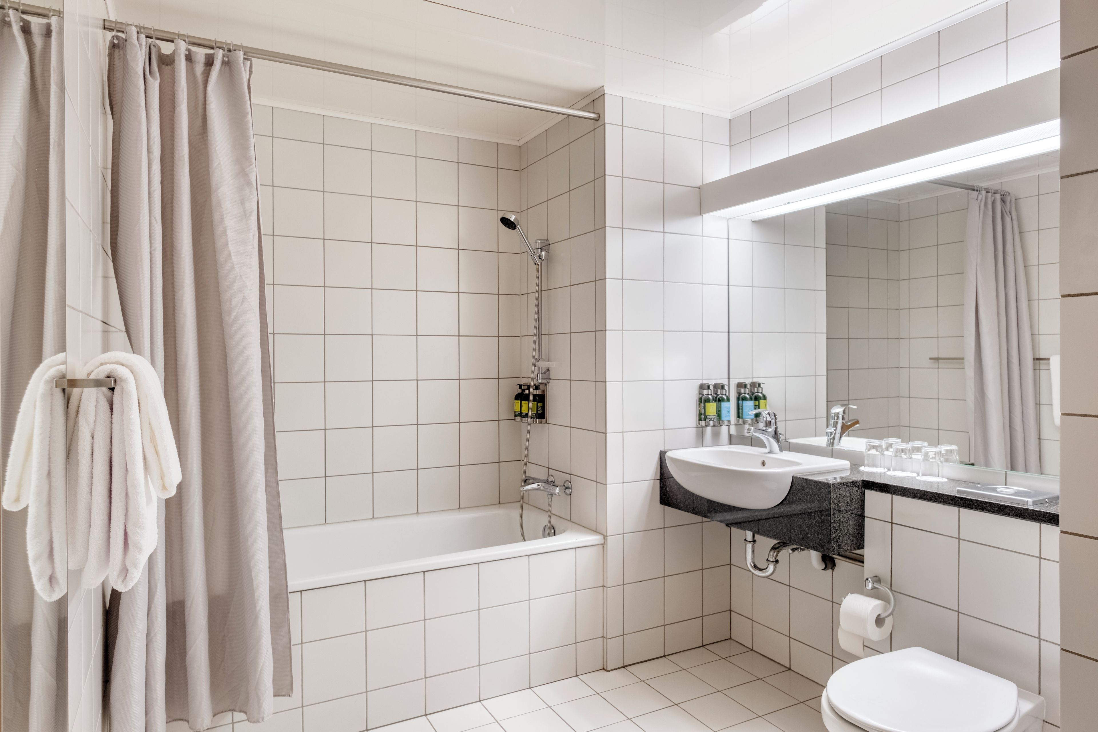 A modern bathroom with a bathtub, a shower, a sink, and a toilet.