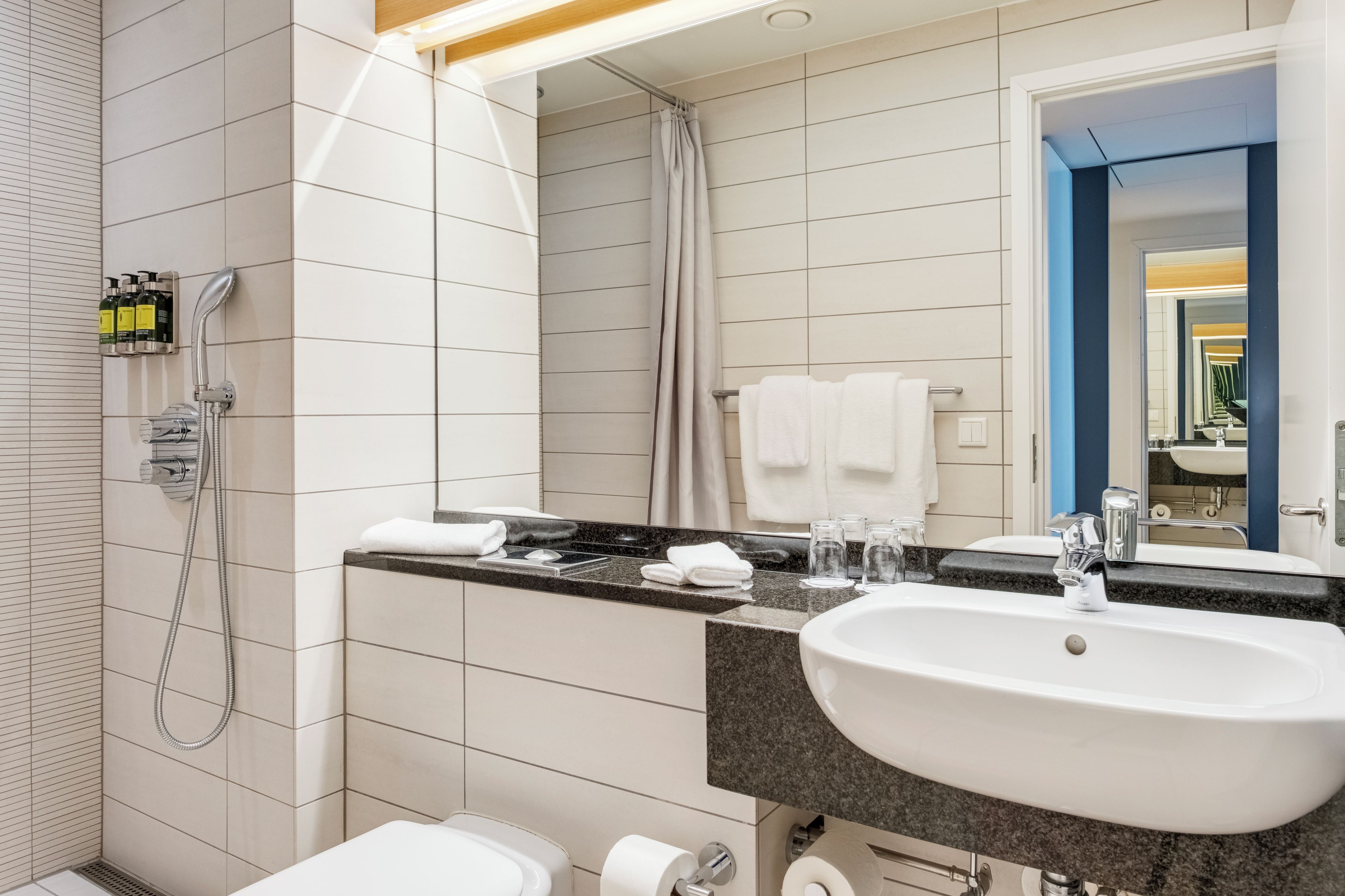 Une salle de bain moderne équipée d’une douche, d’un lavabo et de toilettes.