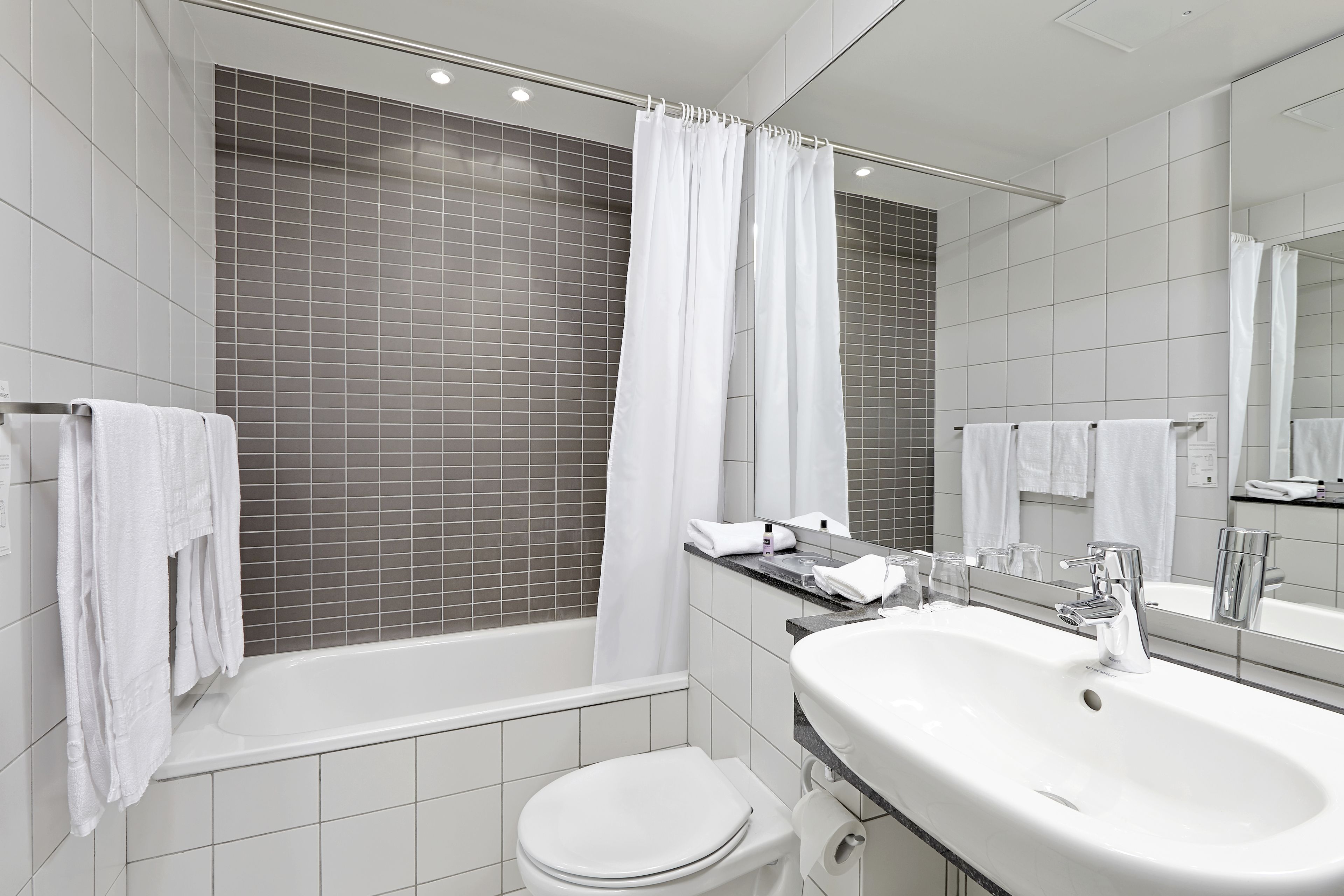 designer toiletries, hair dryer, towels