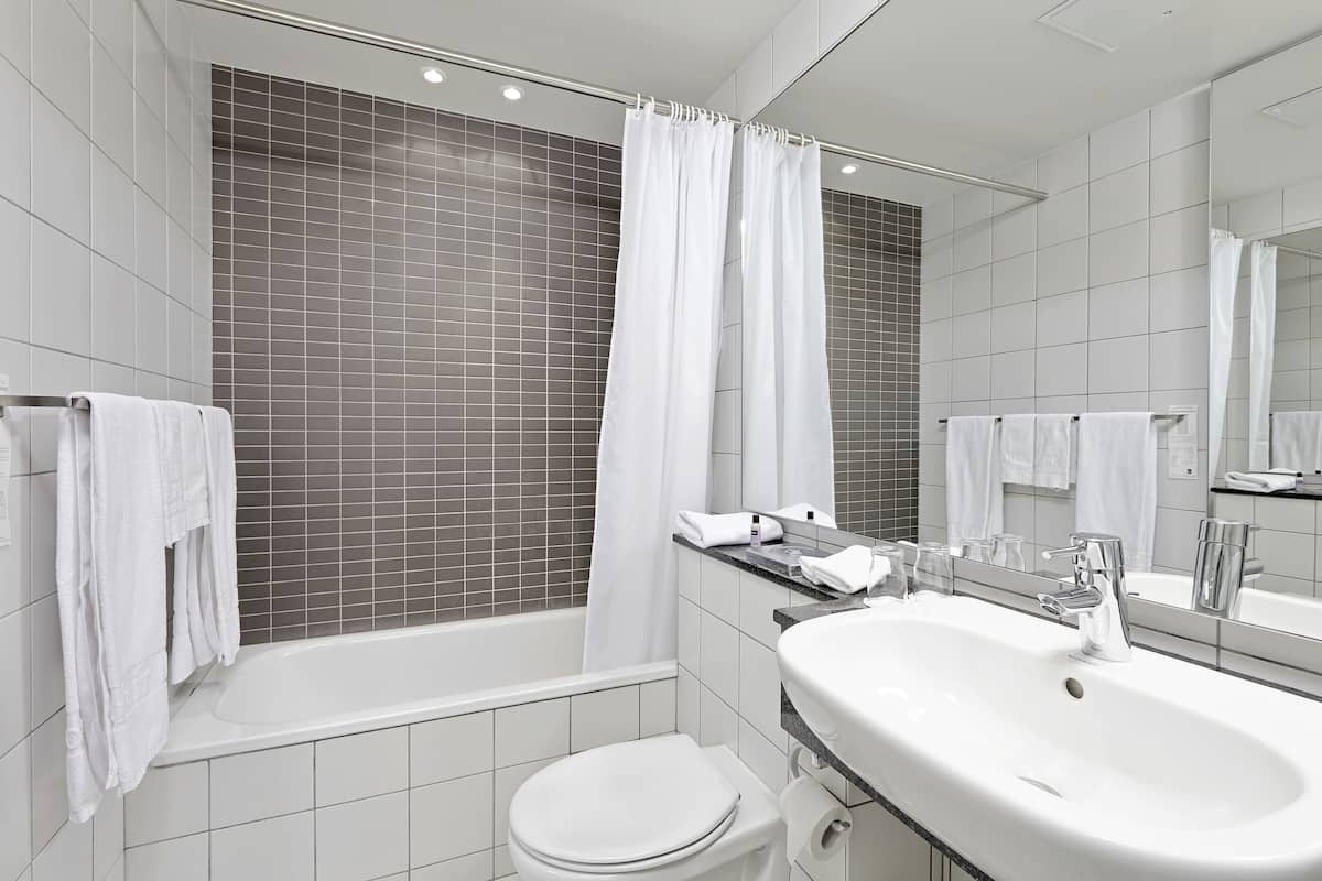 designer toiletries, hair dryer, towels