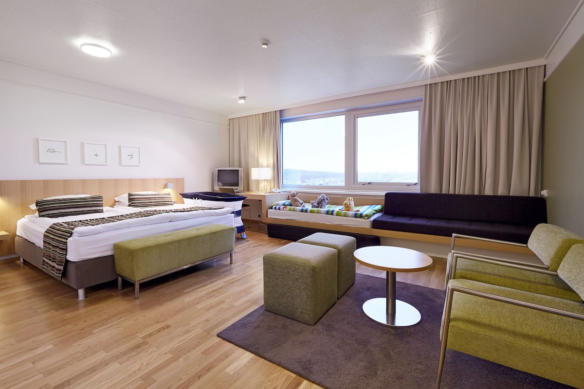 Une chambre d’hôtel moderne équipée d’un lit, d’un canapé, d’une télévision et d’une fenêtre avec des rideaux.