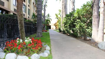 A pathway flanked by a black wrought iron fence, a row of red and white flowers, and large rocks.