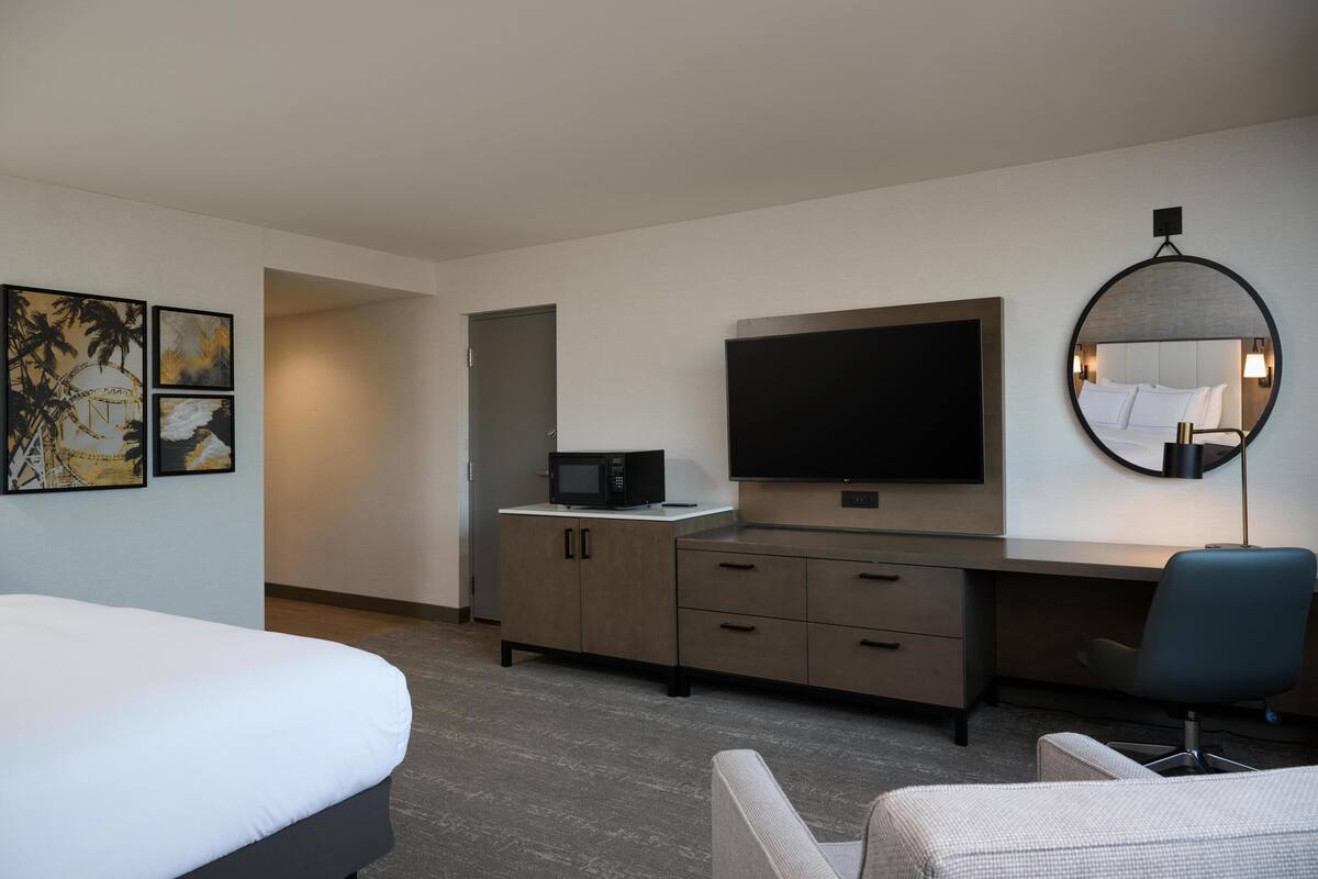 Habitación de hotel con cama, escritorio con televisor de pantalla plana, microondas, silla y espejo redondo.