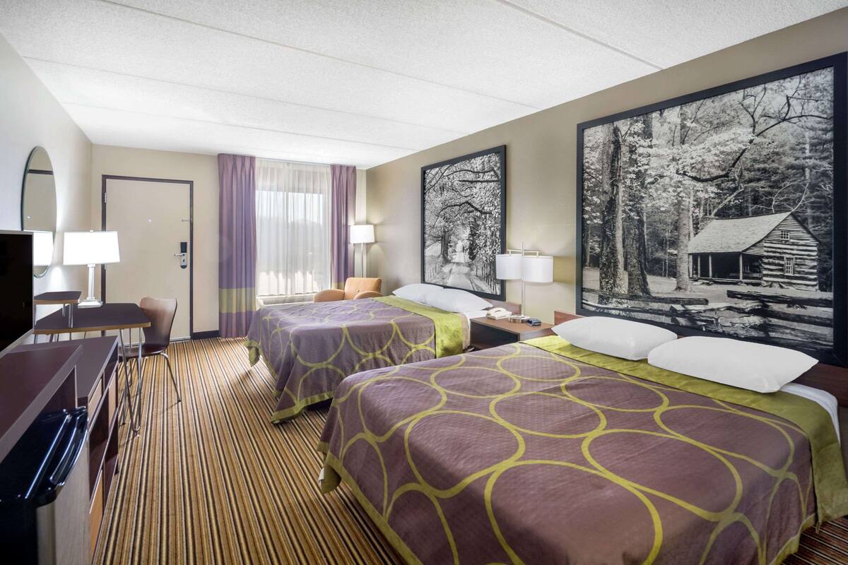 Une chambre d’hôtel avec deux lits, un bureau, une chaise et une télévision.