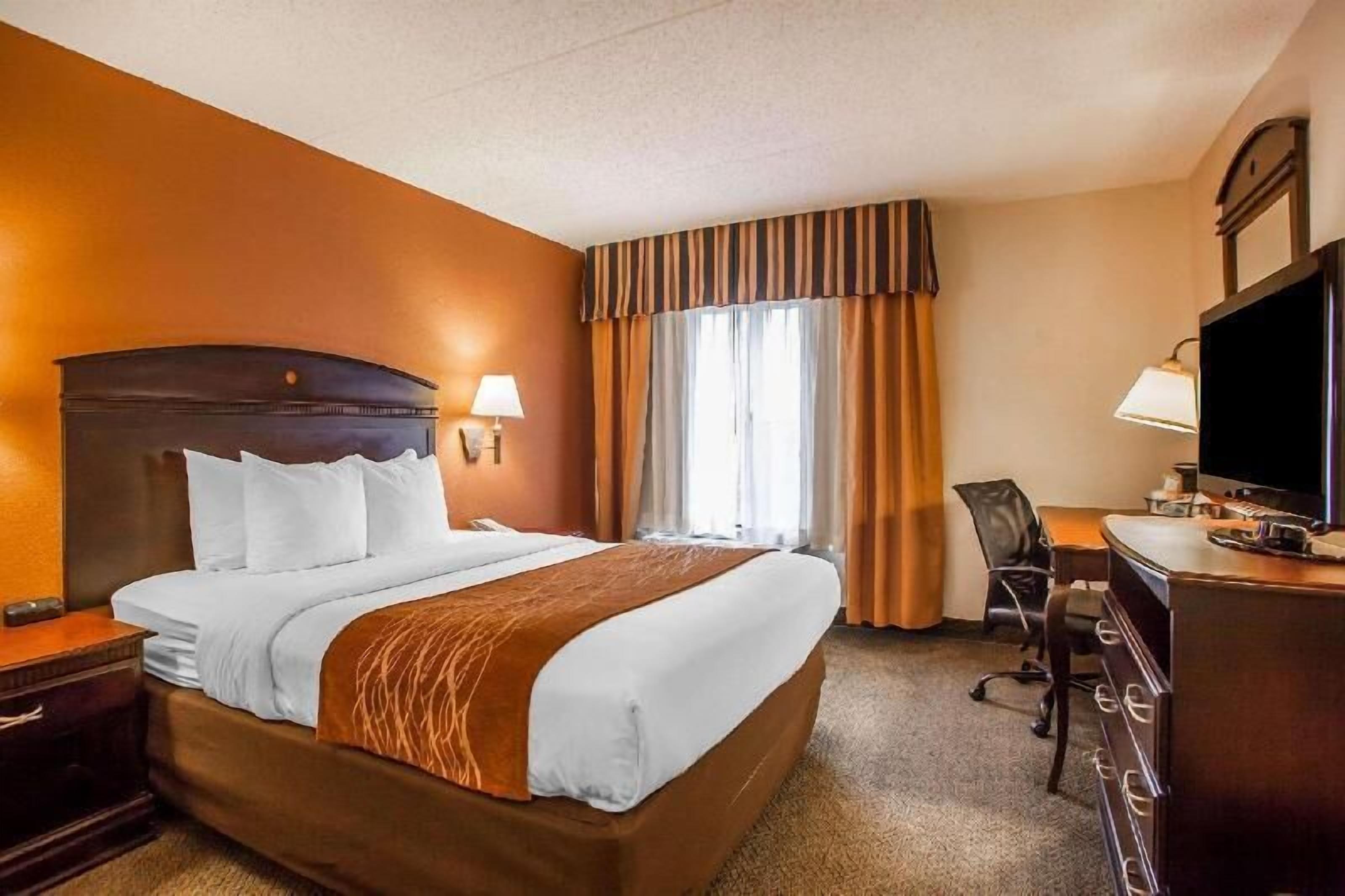 Premium bedding, down comforters, desk, laptop workspace