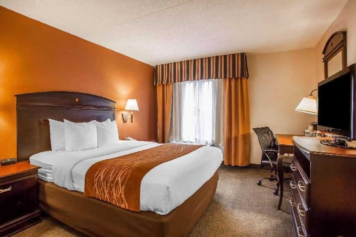 Premium bedding, down comforters, desk, laptop workspace