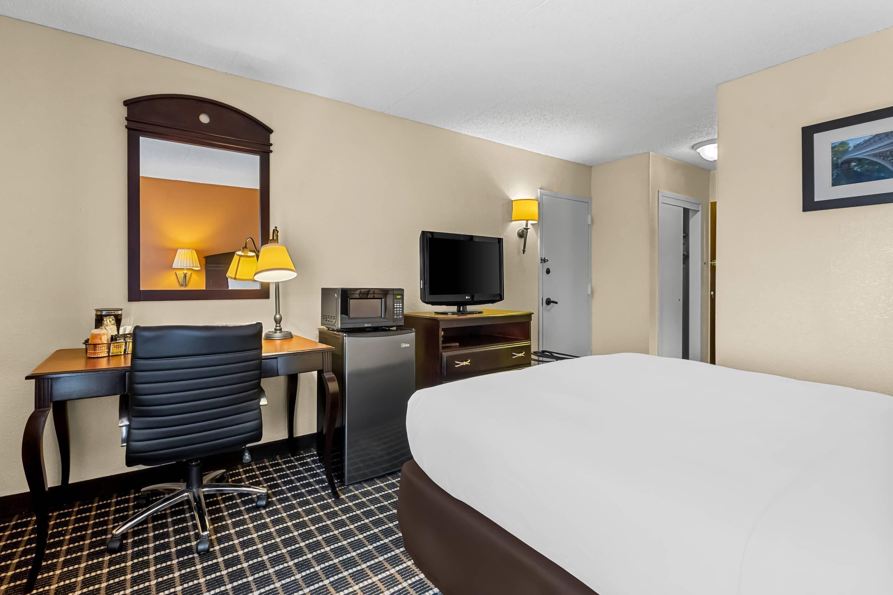 A hotel room with a bed, desk, chair, television, microwave, and a door.