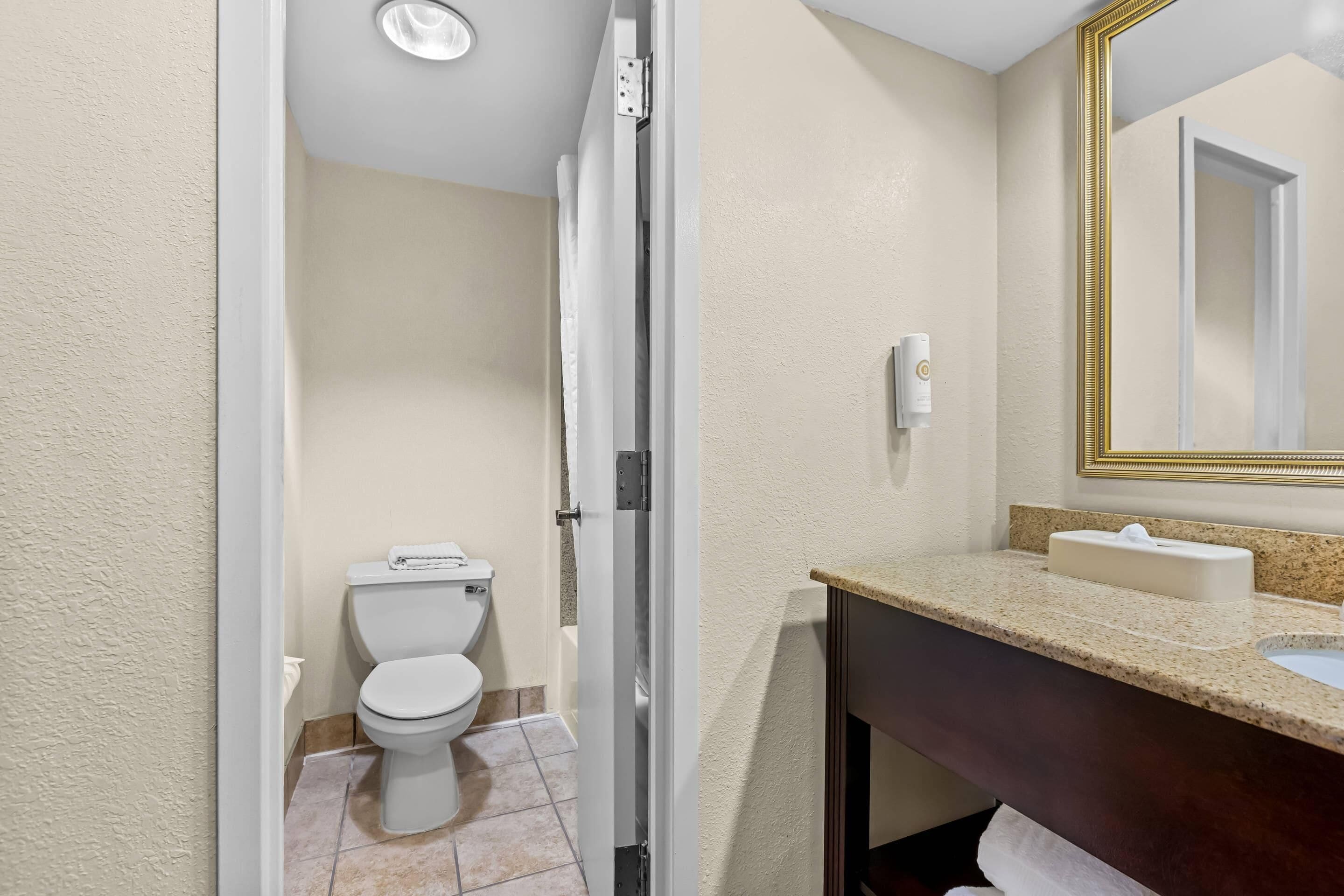 Un baño con inodoro, lavabo, espejo y toallero.