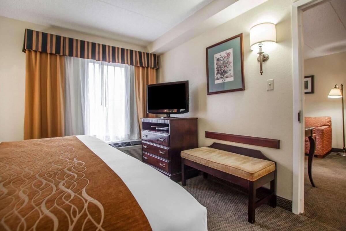 A hotel room with a bed, a television, a dresser, a bench, and a framed picture on the wall.