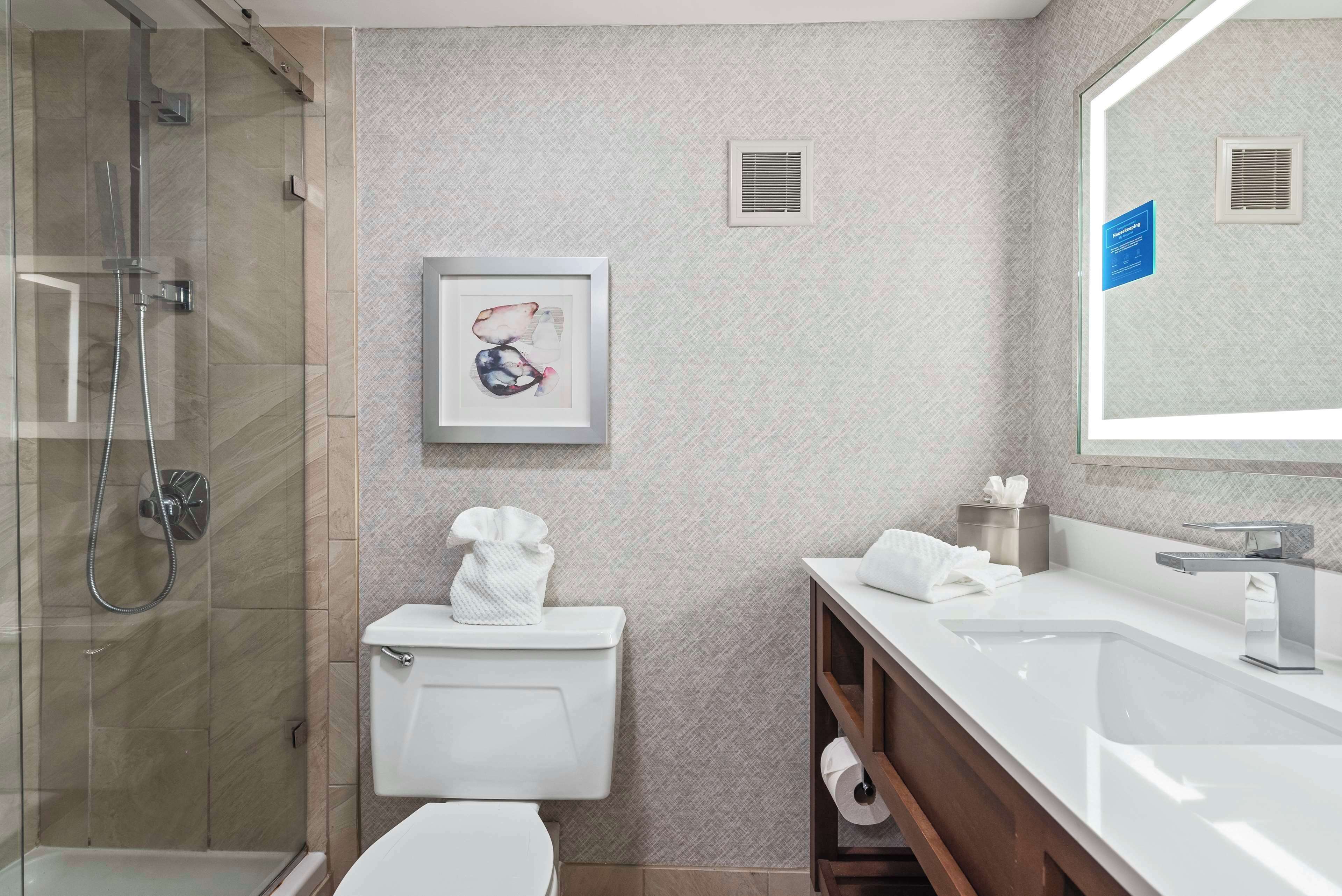 A modern bathroom with a glass-enclosed shower, a toilet, a sink with a mirror, and a framed picture on the wall.