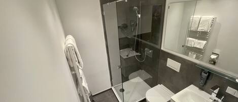 A modern bathroom with a glass-enclosed shower, a toilet, and a sink.