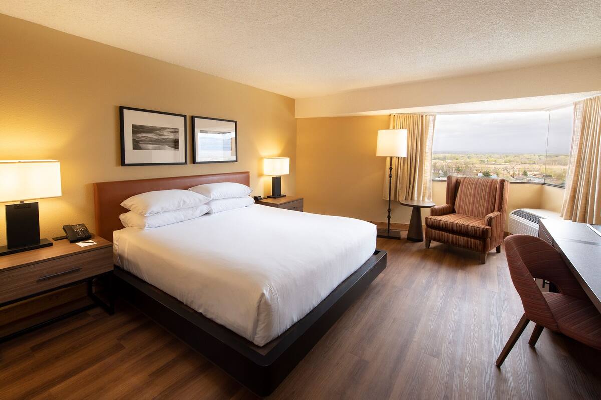 A hotel room with a large bed, bedside lamps, a desk with a chair, and a view of the city.