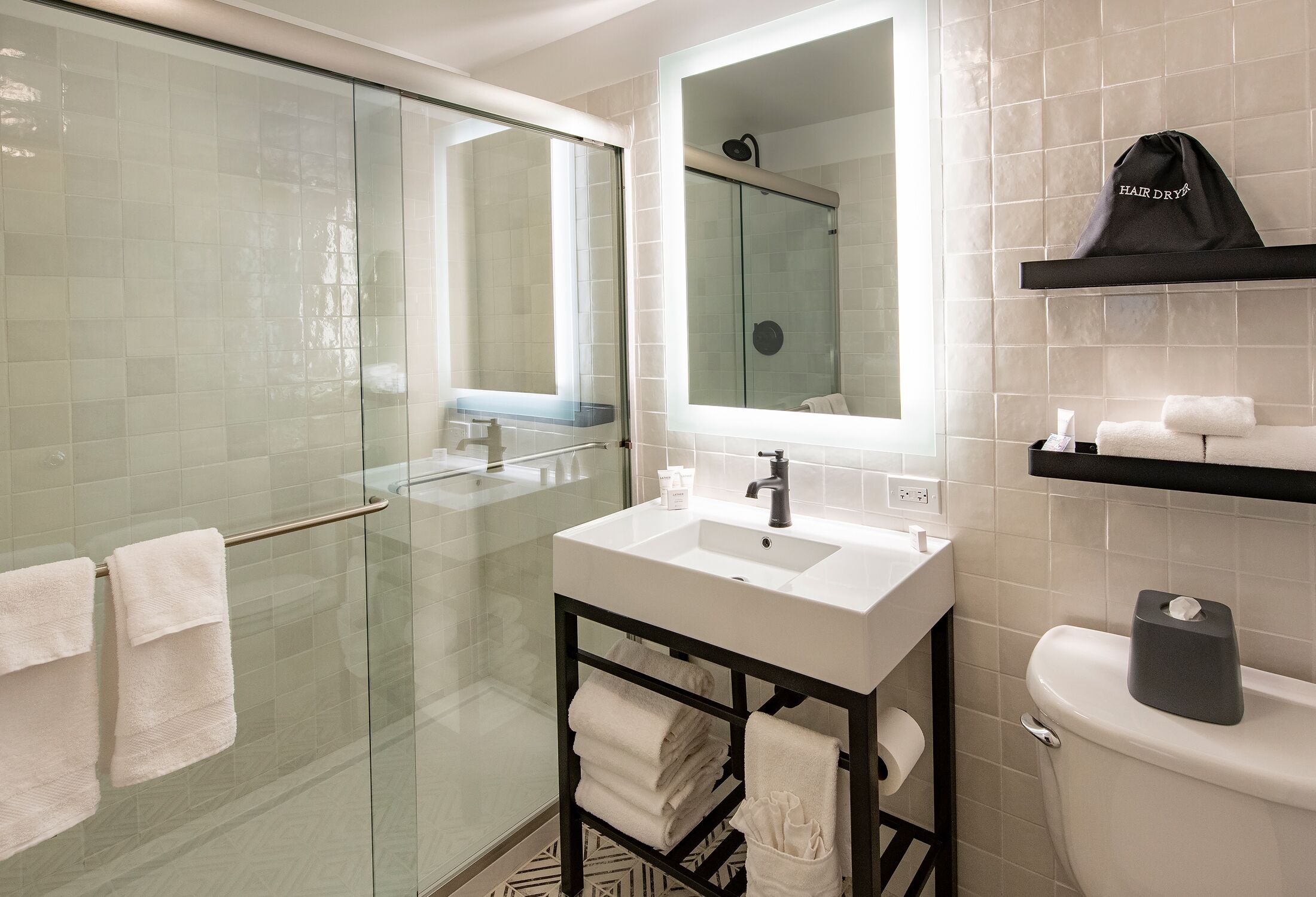 free toiletries, hair dryer, towels