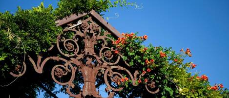 A wrought iron structure with intricate designs, surrounded by lush green foliage and vibrant red flowers against a clear blue sky.