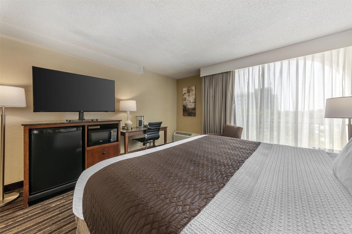 A hotel room with a large bed, a flat-screen TV, a desk with a chair, a microwave, and a small refrigerator.