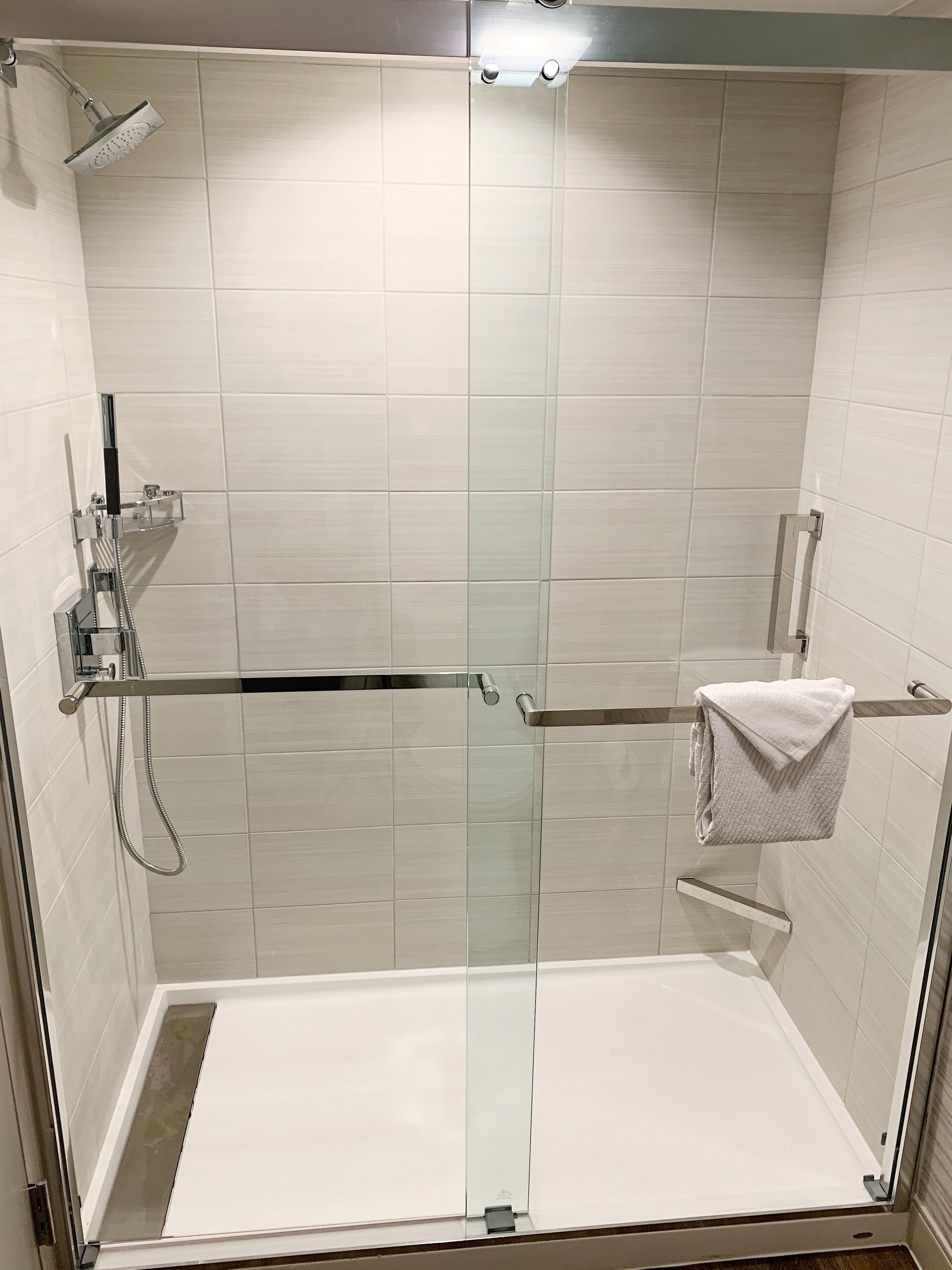 Une douche moderne dotée d’une porte en verre, d’un pommeau de douche à main et d’un porte-serviettes sur lequel est posée une serviette pliée.
