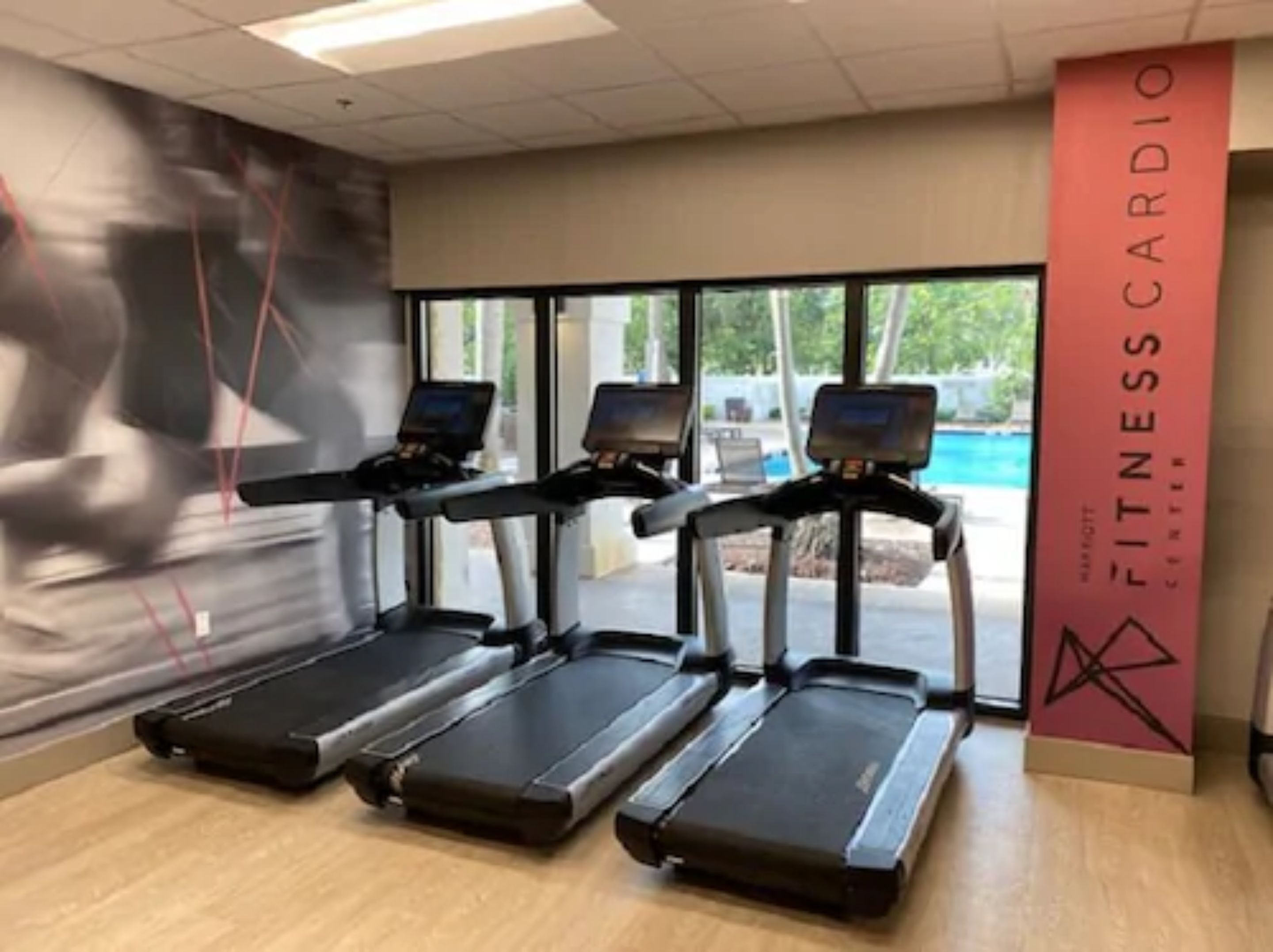 Three treadmills in a fitness center with a large window and a wall mural.