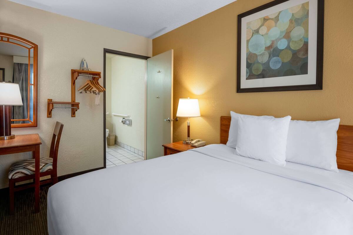 A hotel room with a large bed, a desk with a chair, a mirror, a coat rack, a door, and a wall-mounted lamp.