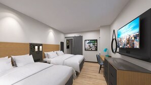 A modern hotel room with two beds, a desk, a TV, and a cityscape view. - Days Inn by Wyndham Encinitas Moonlight Beach (Encinitas)