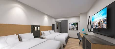 A modern hotel room with two beds, a desk, a TV, and a cityscape view.