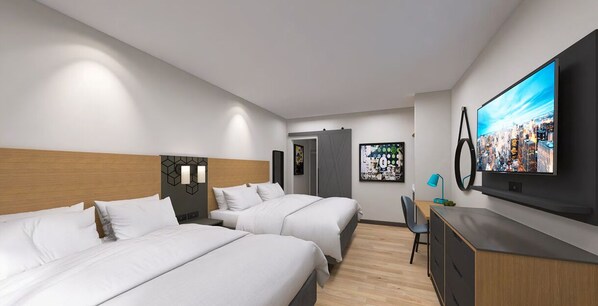 A modern hotel room with two beds, a desk, a TV, and a cityscape view.