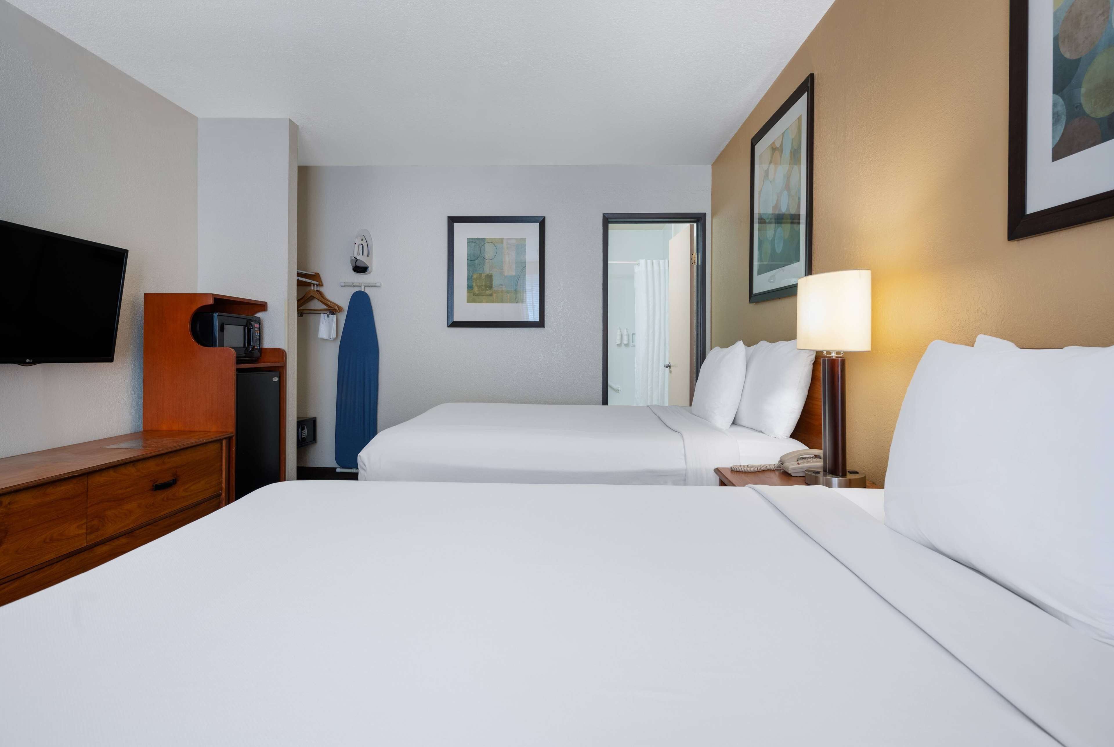 A hotel room with a bed, a TV, a desk, a microwave, and a door.