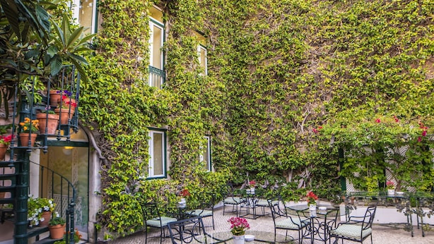 A courtyard with a brick floor, surrounded by a building covered in green ivy. There are outdoor tables and chairs, and potted plants are visible. - As Janelas Verdes Inn, a Lisbon Heritage Collection (Lisbon)