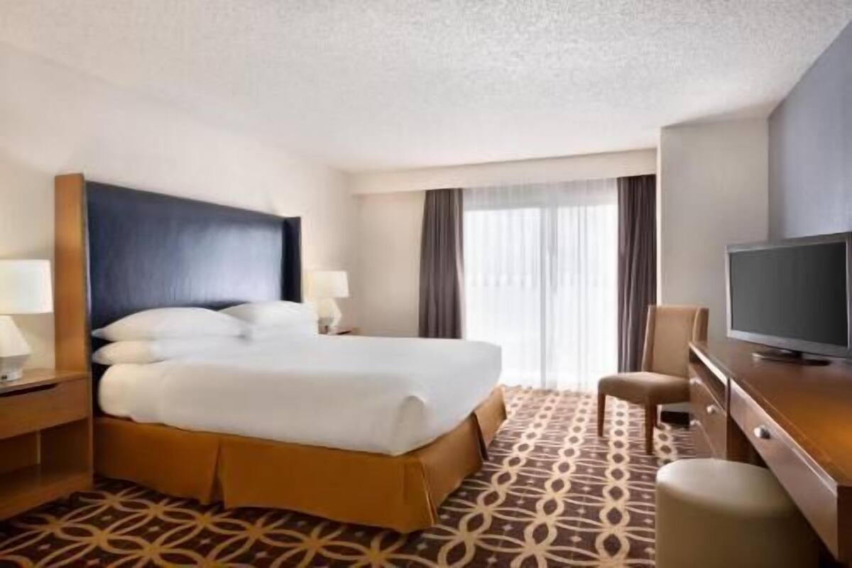Een hotelkamer met een groot bed, een televisie, een bureau en een kamerbreed tapijt met dessin.