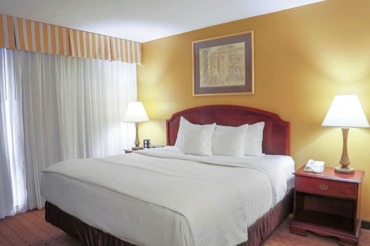 Quarto de hotel com uma cama grande, duas mesas de cabeceira com abajures, uma obra de arte emoldurada na parede e uma janela com cortinas.