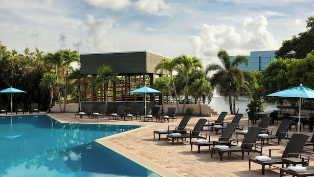 A swimming pool with lounge chairs and umbrellas, surrounded by palm trees and a view of a body of water.