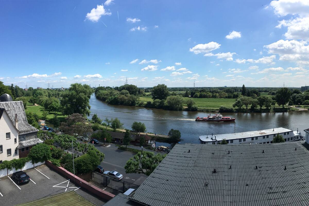 A riverside view with a boat, buildings, and greenery.
