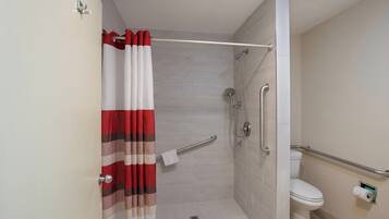 Une salle de bain équipée d’une douche, de toilettes et de barres d’appui.