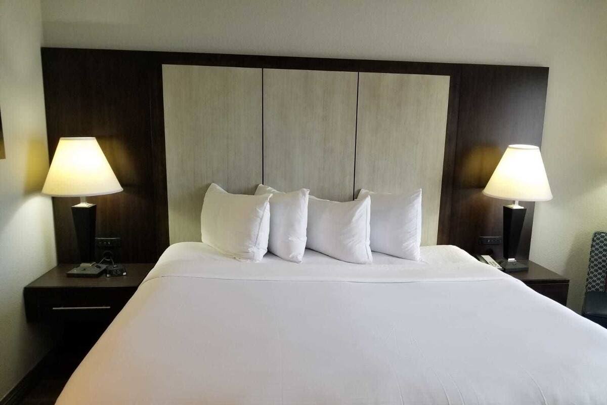 Una habitación de hotel con una cama grande, dos mesitas de noche con lámparas y un cabecero.