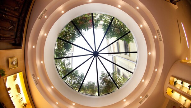 A circular skylight with a radial design, surrounded by recessed lighting and a view of greenery outside.