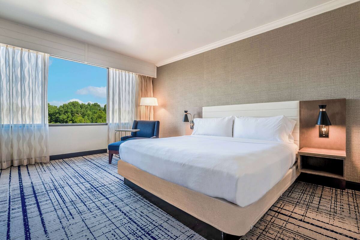 A hotel room with a large bed, a chair, a nightstand, and a view of greenery through the window.