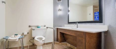 A modern bathroom with a toilet, sink, and mirror.