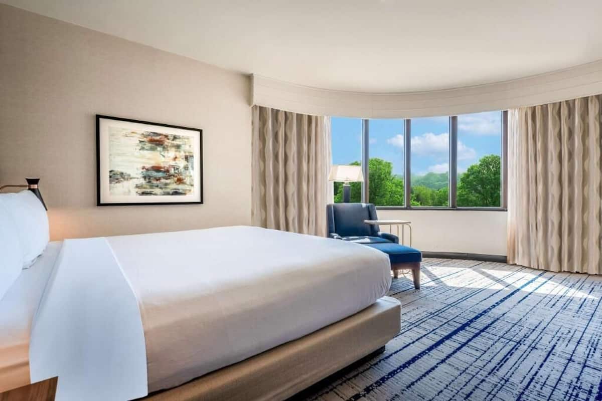 A hotel room with a large bed, a chair, a table, and a window with a view of greenery.