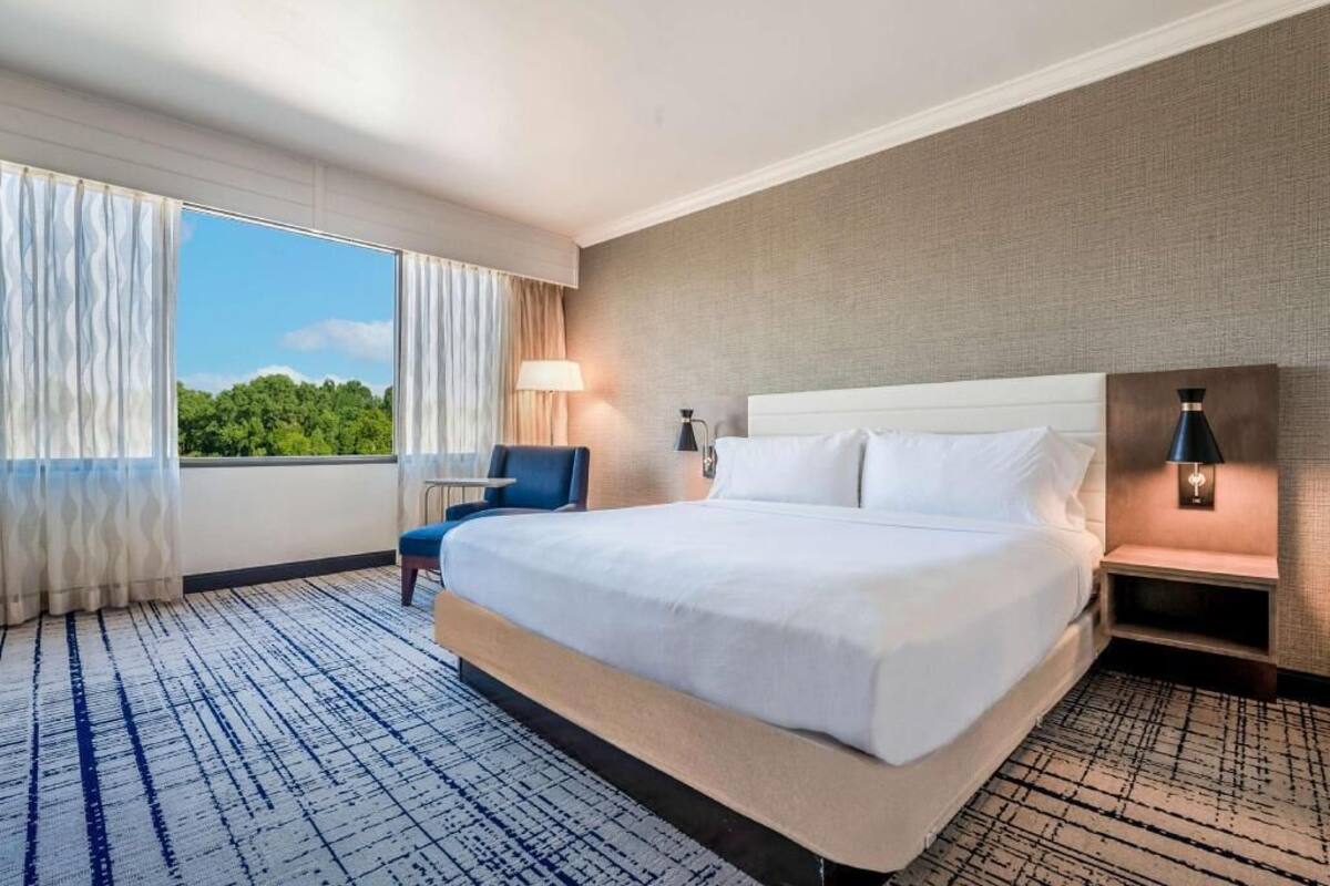 A hotel room with a large bed, a chair, a nightstand, and a view of greenery.