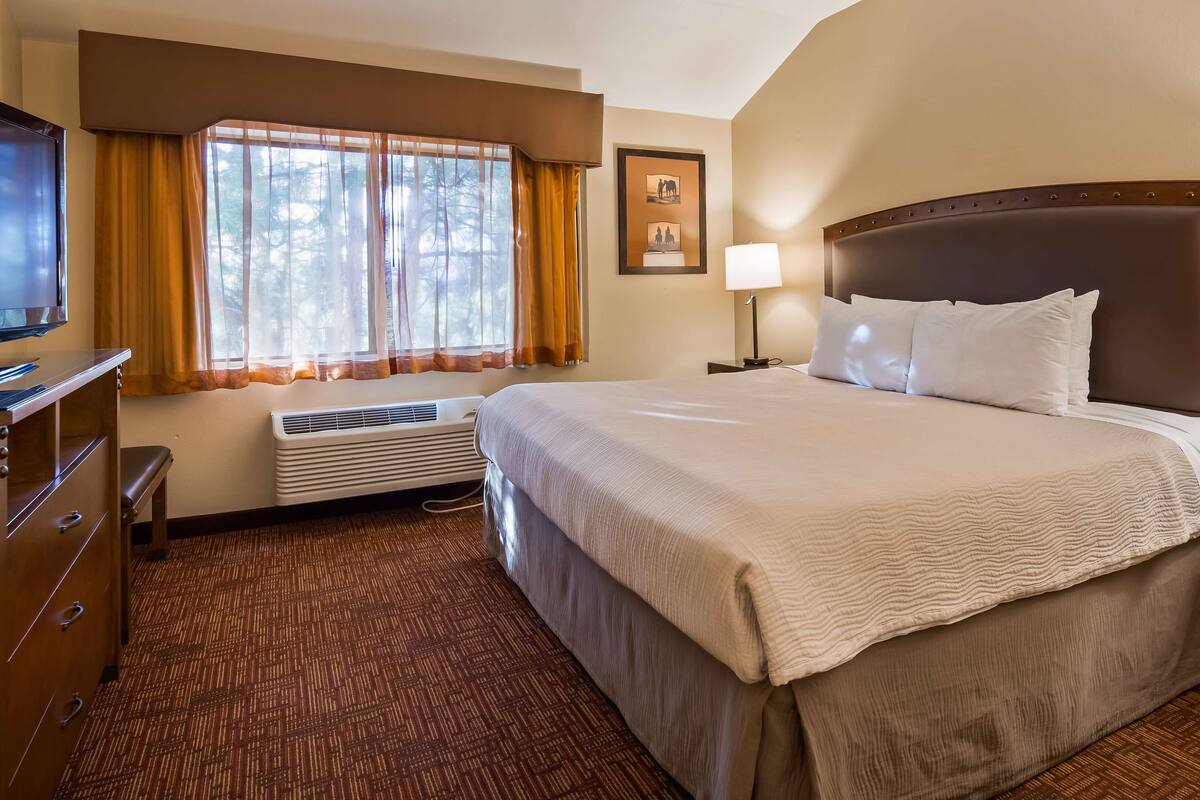 A hotel room with a large bed, a flat-screen TV, a desk, and a window with curtains.